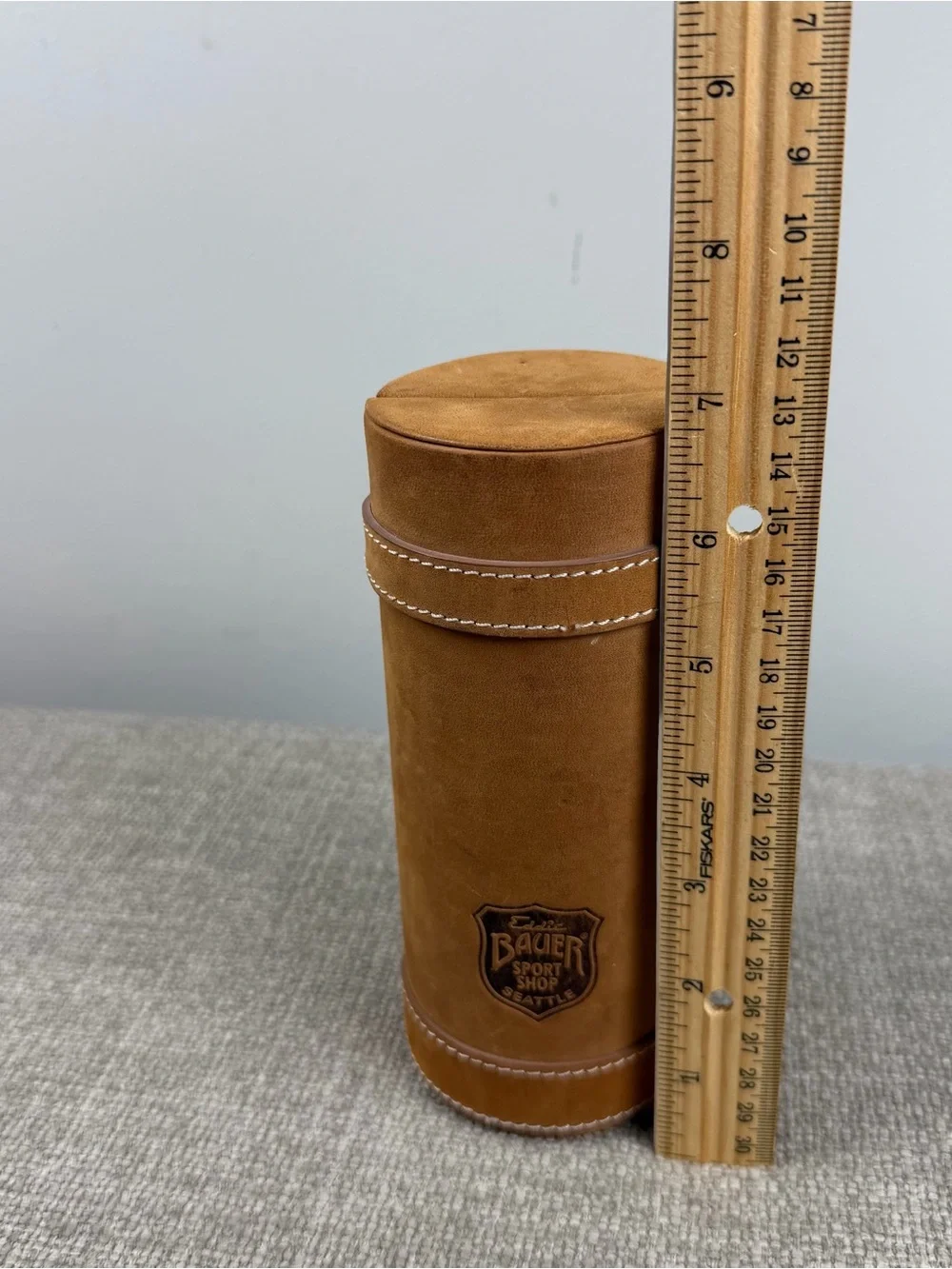 EDDIE BAUER Sport Shop Tan Leather Travel Bar Flask Cup Set Vintage Camping